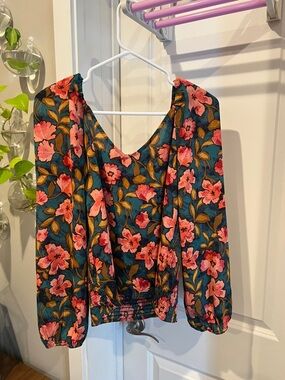 V-Neck Floral Blouse in Teal and Pink